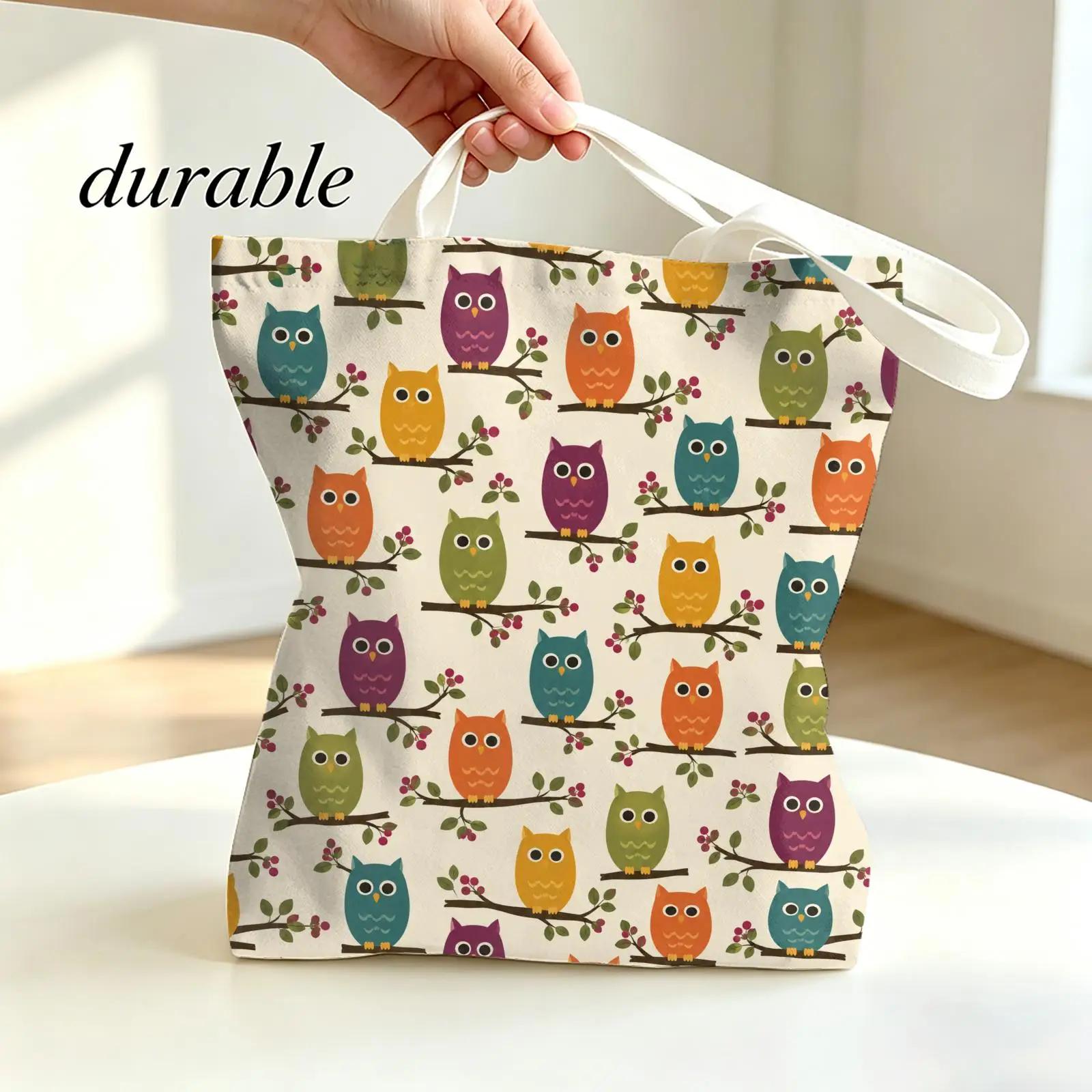 Bright Colorful Owls Storage Bags Canvas Tote Bag Double-Sided Print Lightweight Shoulder Travel Beach Bag Gift Eco