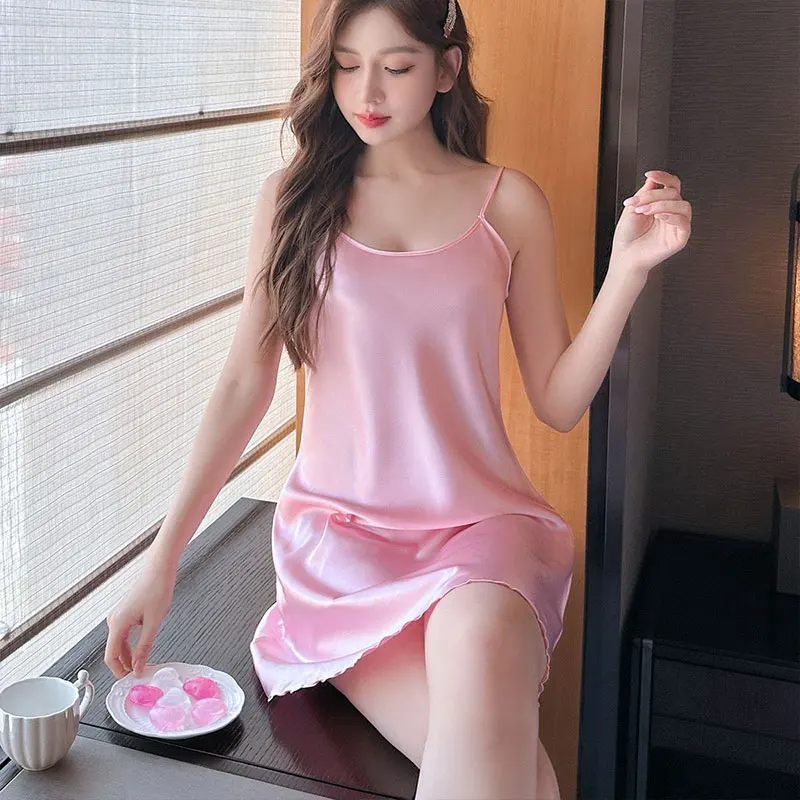 Classy Sexy Female Solid Color Silk Satin  Pyjamas Homewear Women Cozy Sleepwear Ice Silk Suspender Nightdress Plus Size Dresses