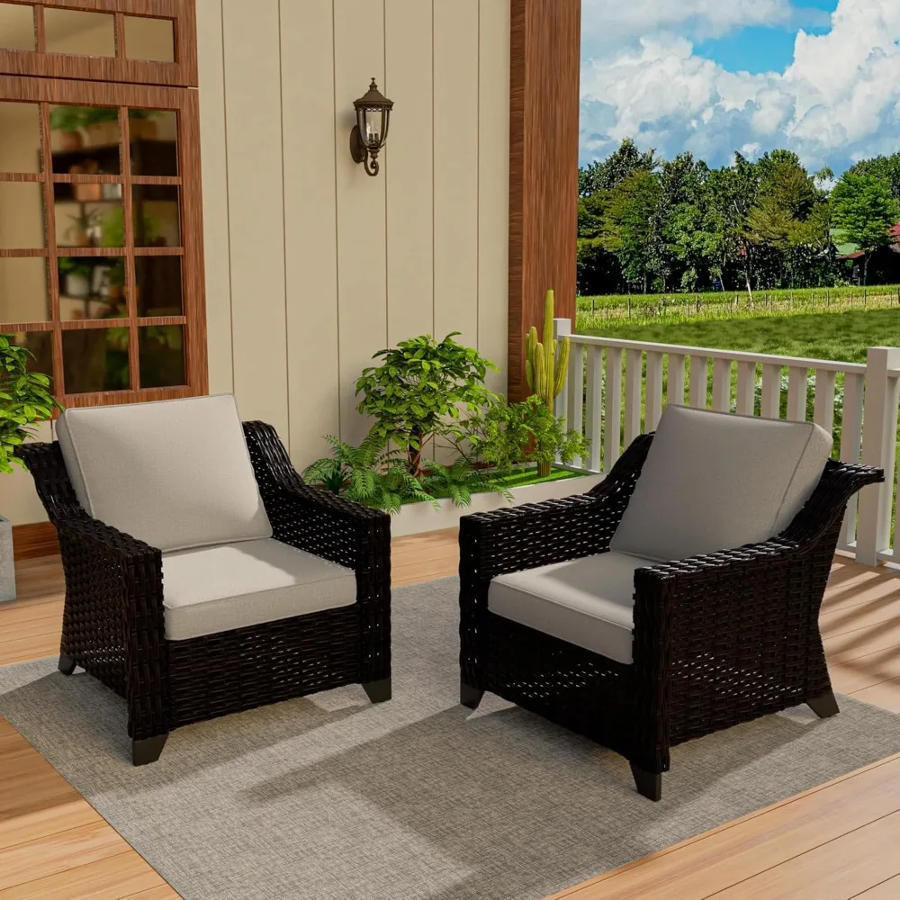 كرسي بذراعين خارجي مكون من قطعتين، مجموعة أثاث محادثات الفناء، وسادة قابلة للغسل، راتان PE فاخر منسوج يدويًا