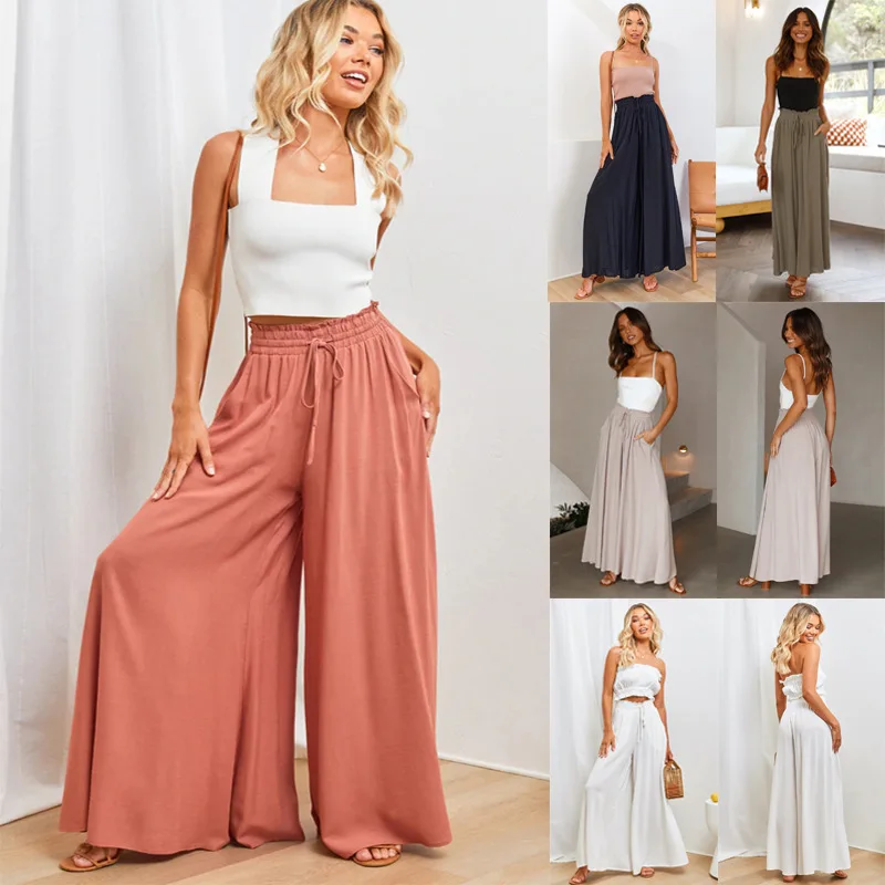 2023Europe and America Cross Border Summer New Women's Wide-Leg Pants Elastic Waistband Wide Leg High Waist Long Culottes for Wo