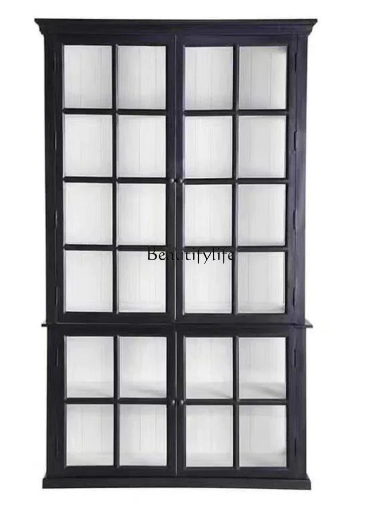 

French solid wood retro glass double door side cabinet display American country oak