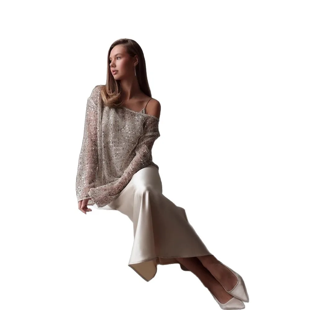 Moda lantejoulas fora do ombro manga comprida topo cor sólida verão casual solto oco camisa para mulher 2025