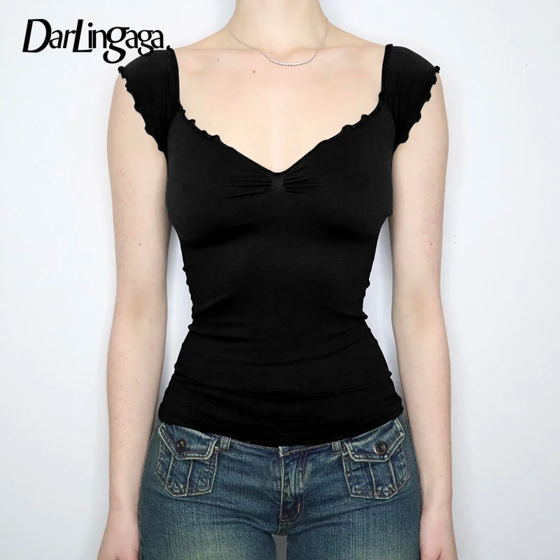 Darlingaga Y2K Aesthetic V-Neck Skinny Women T-shirts Vintage Fashion Black Top Basic Ruched Frill Chic Summer Cropped Tees New