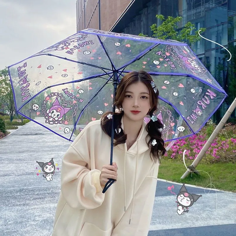 Hello Kitty Sanrio Cinnamoroll Kawaii Kuromi Anime Figure Automatic Fold Umbrella Transparent Thicken Wind Umbrella Rain Gear