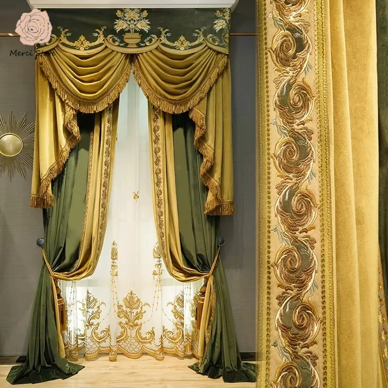 Luxury Custom European Olive Green Velvet Embroidered Curtains for Living Room Bedroom American Style Premium Fabric Drapes