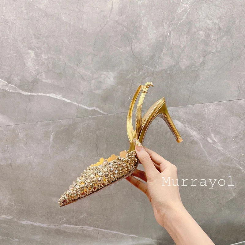 Nuevas Sandalias de tacón alto fino con decoración de diamantes de imitación, Sandalias de mujer de cuero genuino con punta cerrada, zapatos de vestir de fiesta de verano