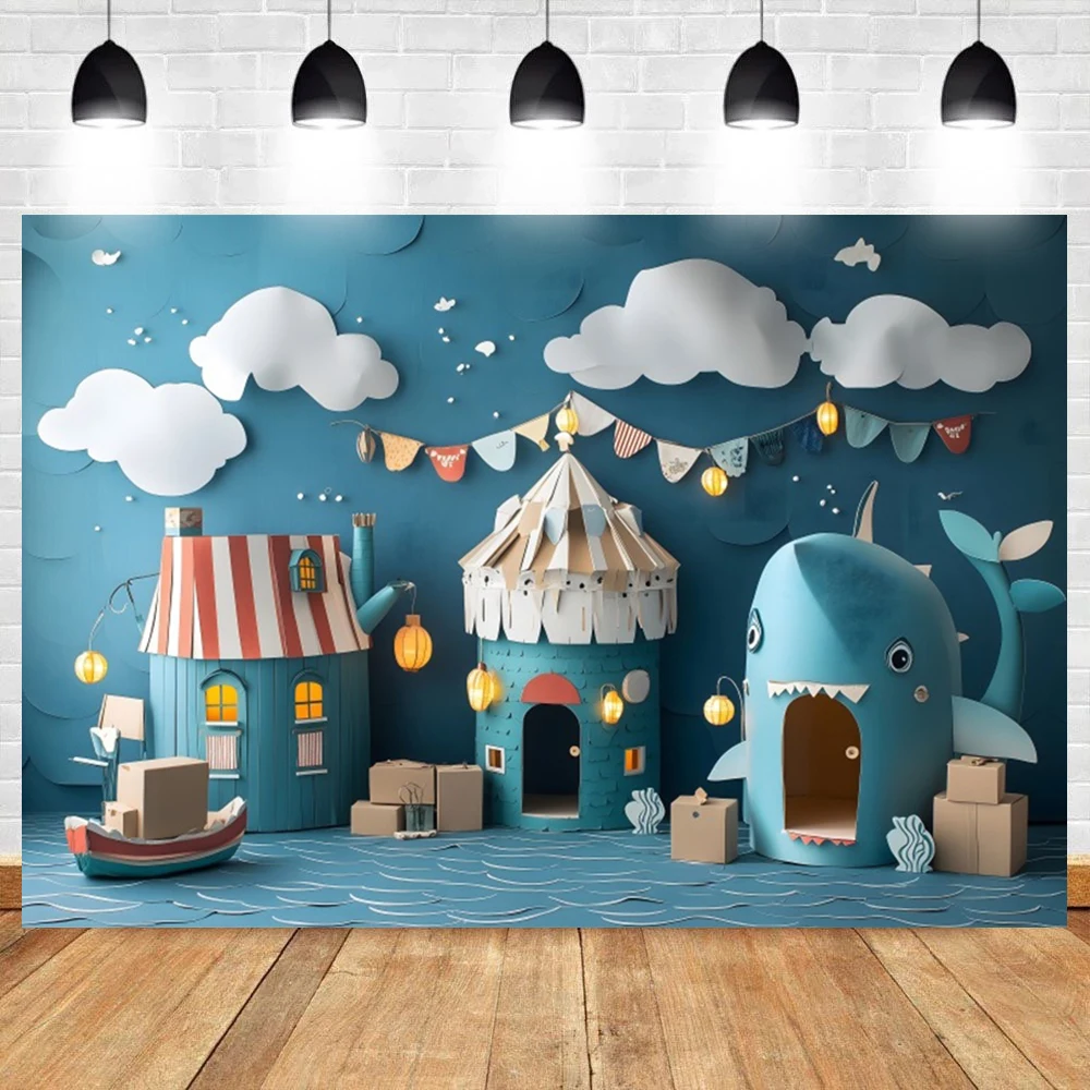 Deep Blue Ocean Castle Photography Backdrop Underwater Animal Shark Dolphin Baby Shower Boy Birthday Party Decoration Background