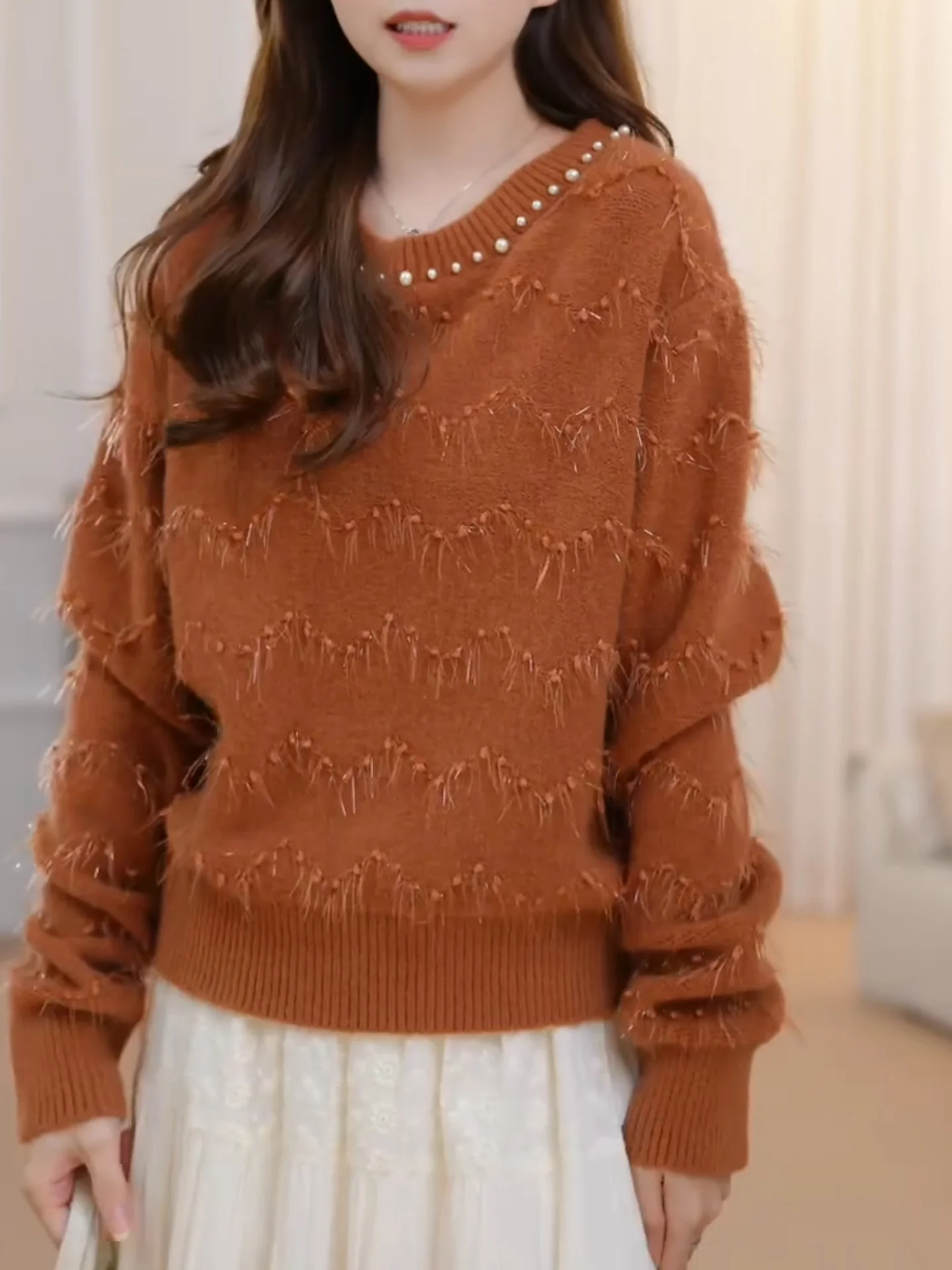 

Autumn Winter Women's Casual Knitted Long Sve round Ne Sweater Heavy Work Large Size Design Sensation Orange Top