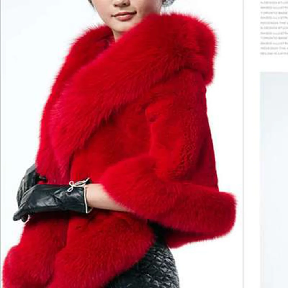 Women Fur Capes Shawl Ladies Fox Ponchos For Winter Batwing Sleeves Thick Bridal Wedding Short Cloak Red Burgundy White Gray