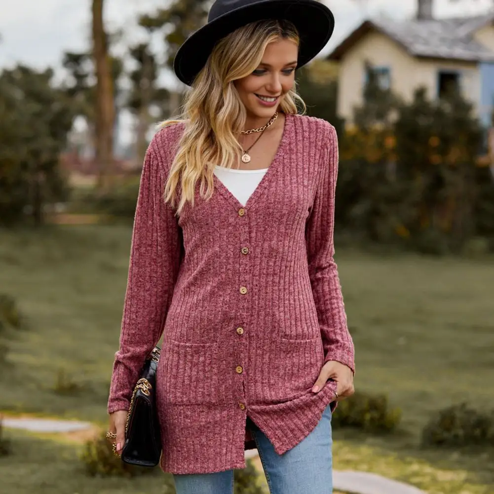 2026 New Fall Women Casual Long Cardigan Soft Long Sleeve Sweater with Pockets Sweater V Neck Button Front Knit Coat Outerwear