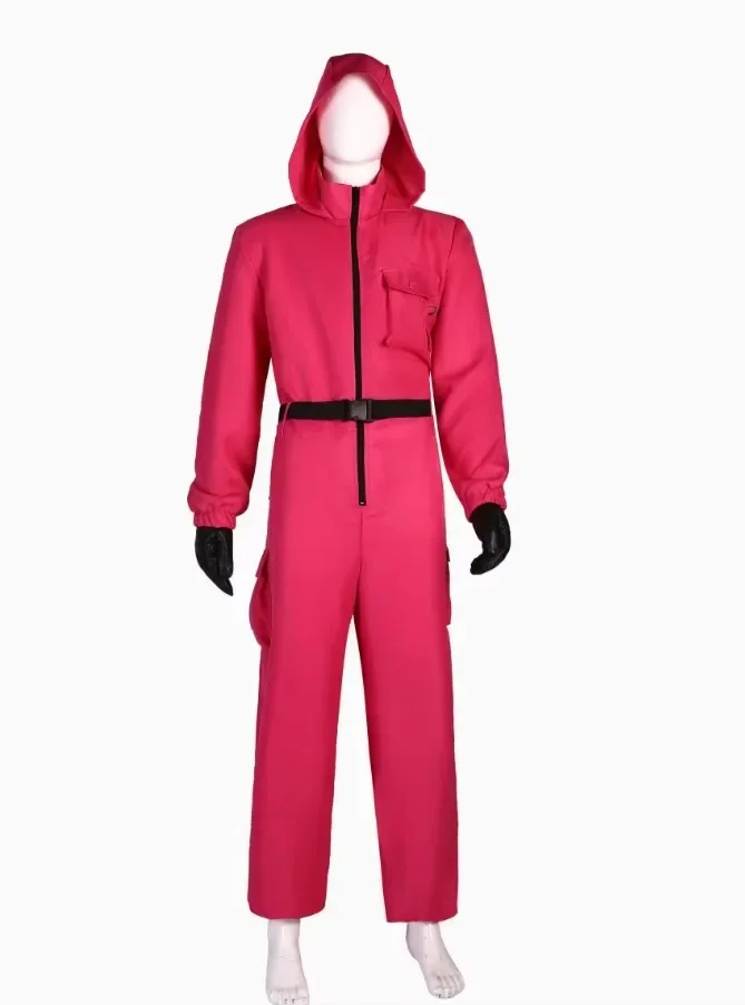 Red Calamari Game Jumpsuit Cosplay Party Tracksuit Outfits Props Role Play Classic Costume From Korean TV Belt Full Mask Set