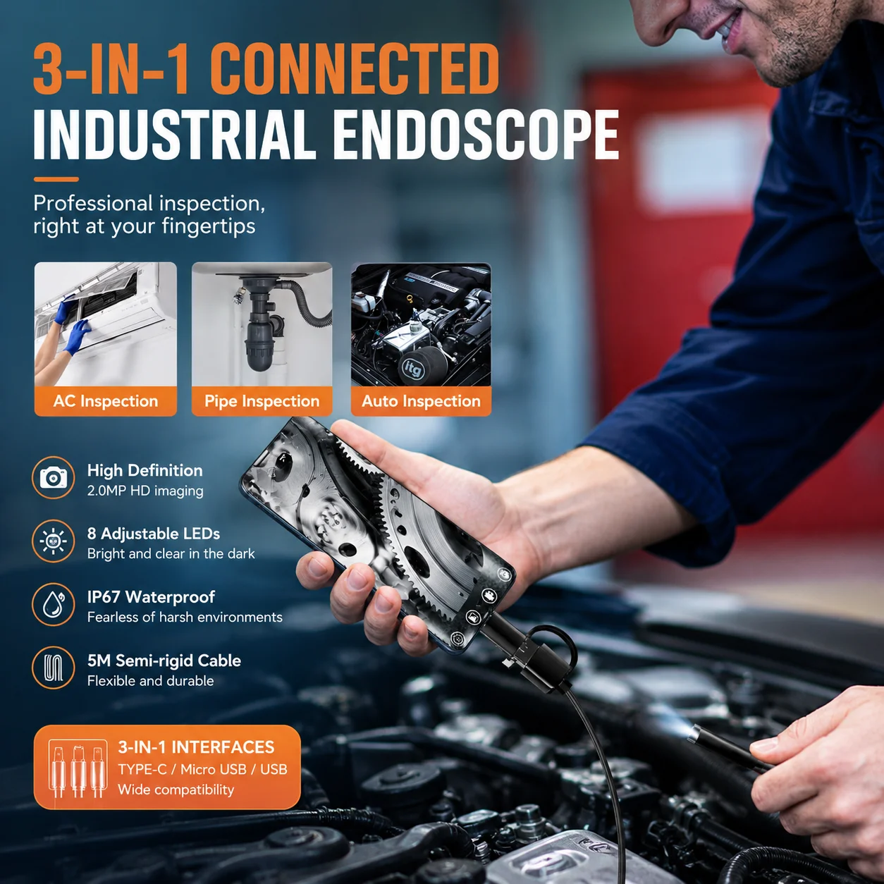 3-in-1 Industrial Endoscope Camera 2MP HD IP67 Waterproof Borescope 1M Semi-Rigid Cable Type-C Micro USB for Android Inspection