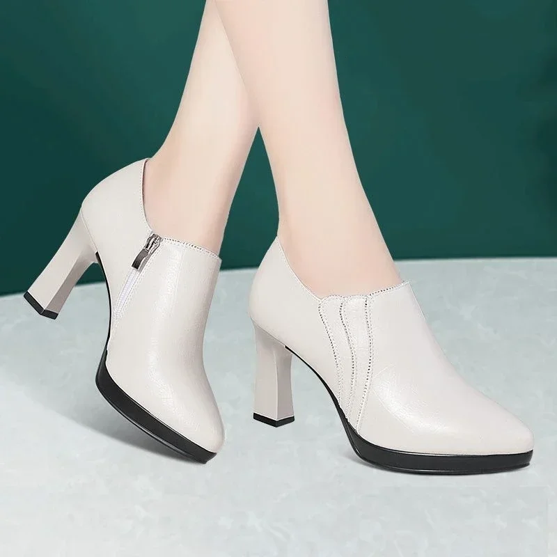 Comfortable 6.5cm  8.5cm Deep Mouth Soft Leather Shoes Women\'s Pumps 2025 Fall Block High Heels Shoes for Office Model Mom