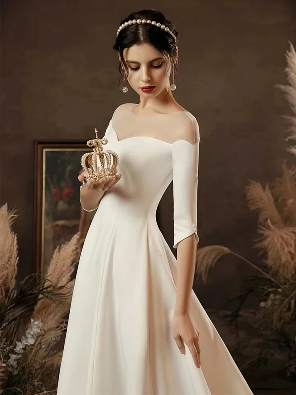 

Tailor shop custom made champagne wedding dress deep V-neck long-sleeved big was thin lace small trailing fishtail dress
