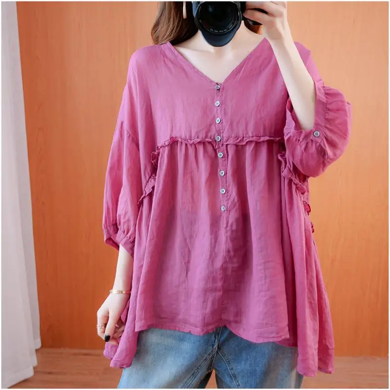 Women Summer Trendy Ruffle Oversized Asymmetrical Blouses Solid V Neck 3/4 Sleeve Cotton Linen Shirts Y2K Streetwear Tops Ropa