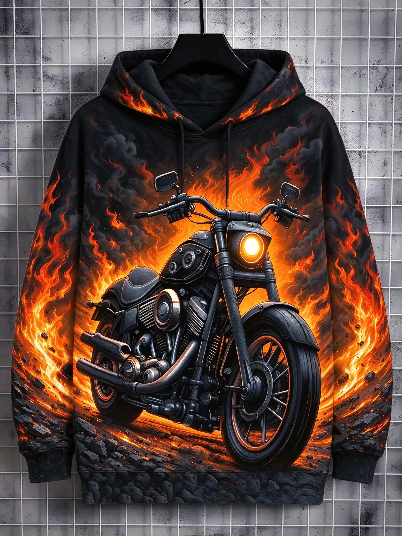 Men's Hoodie Fiery Flame Vintage Motorbike Dark Smoke Graphic Thin Hooded Sweatshirt Loose Fashion Autumn Winter Men's Clothes