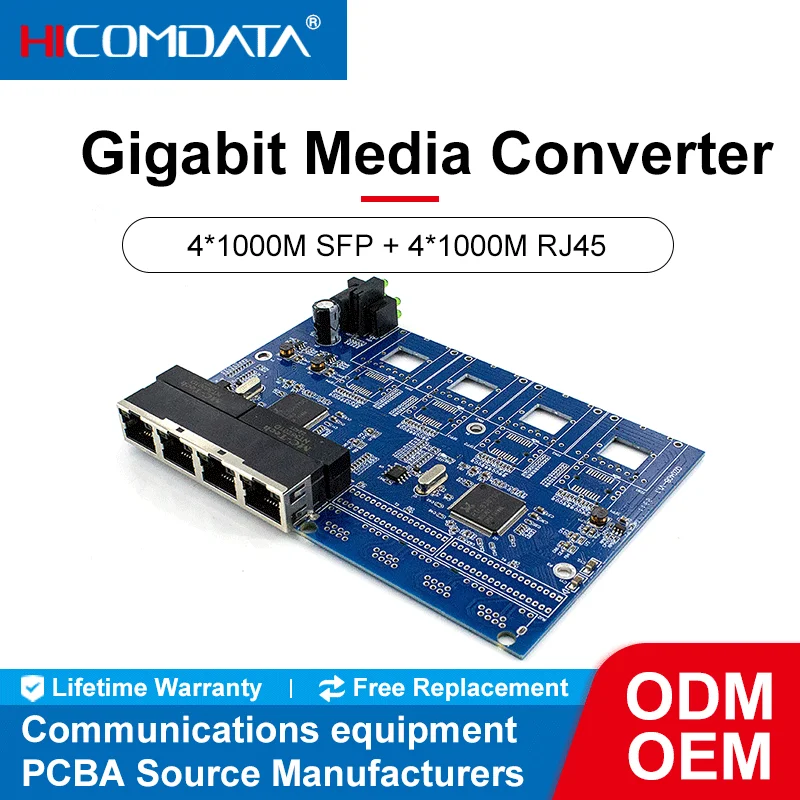 10/100/1000M 4 Fiber port and 4 RJ45 Gigabit Media Converter PCB Single Mode fiber Port PCB 10/100/1000M 4F4G