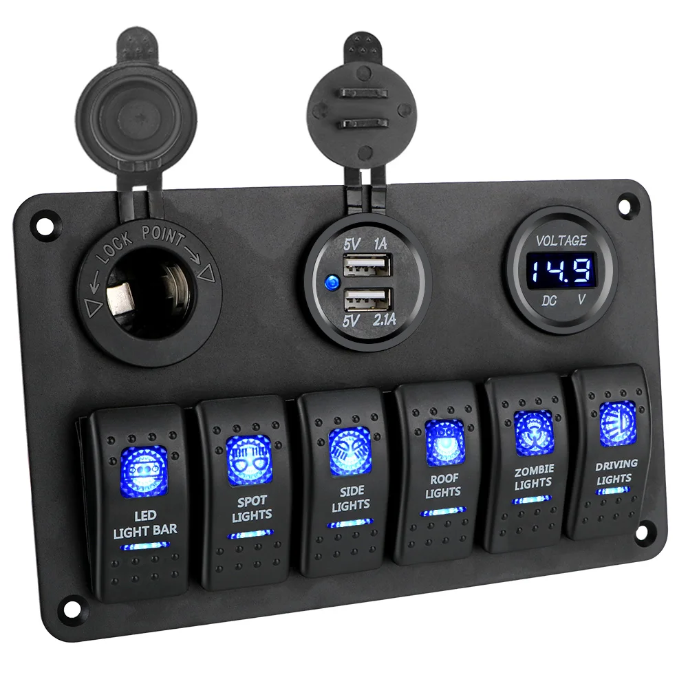 

Двойные USB-порты, 6-клавишный кулисный переключатель, панель постоянного тока 12 В/24 В, водонепроницаемый светодиодный цифровой вольтметр, автомобильный морской автоматический выключатель, освещение включения/выключения