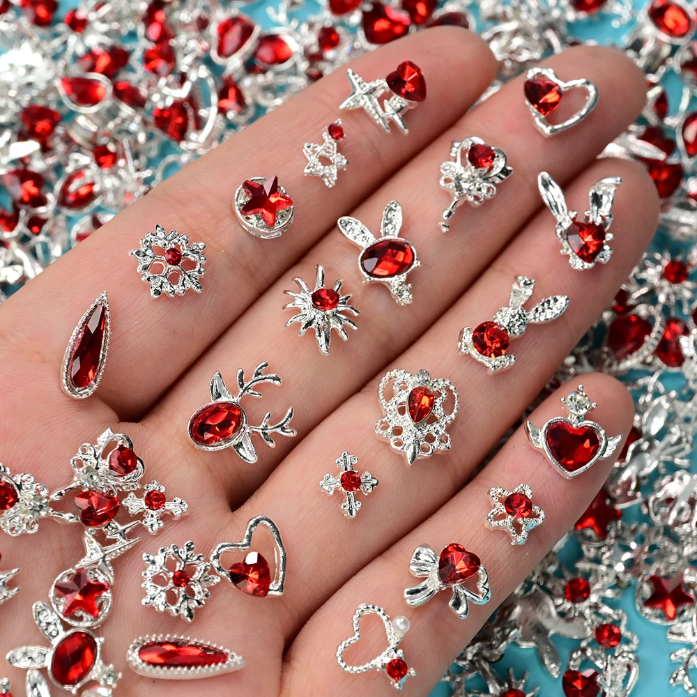 30Pcs/Bag Mixed Red Crystal Alloy Charms 8x10mm Reindeer Heart Snowflake Pendants Alloy Nail Art Shinying Red Manicure Crystal