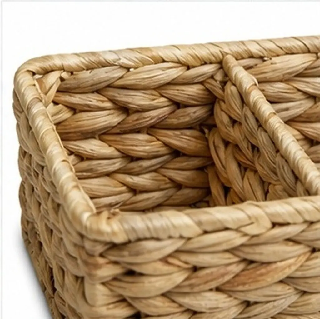 3-Section Handwoven Storage Basket Natural Water Hyacinth Desktop Organizer Kitchen Cutlery Sundries Multi-Purpose Organizer