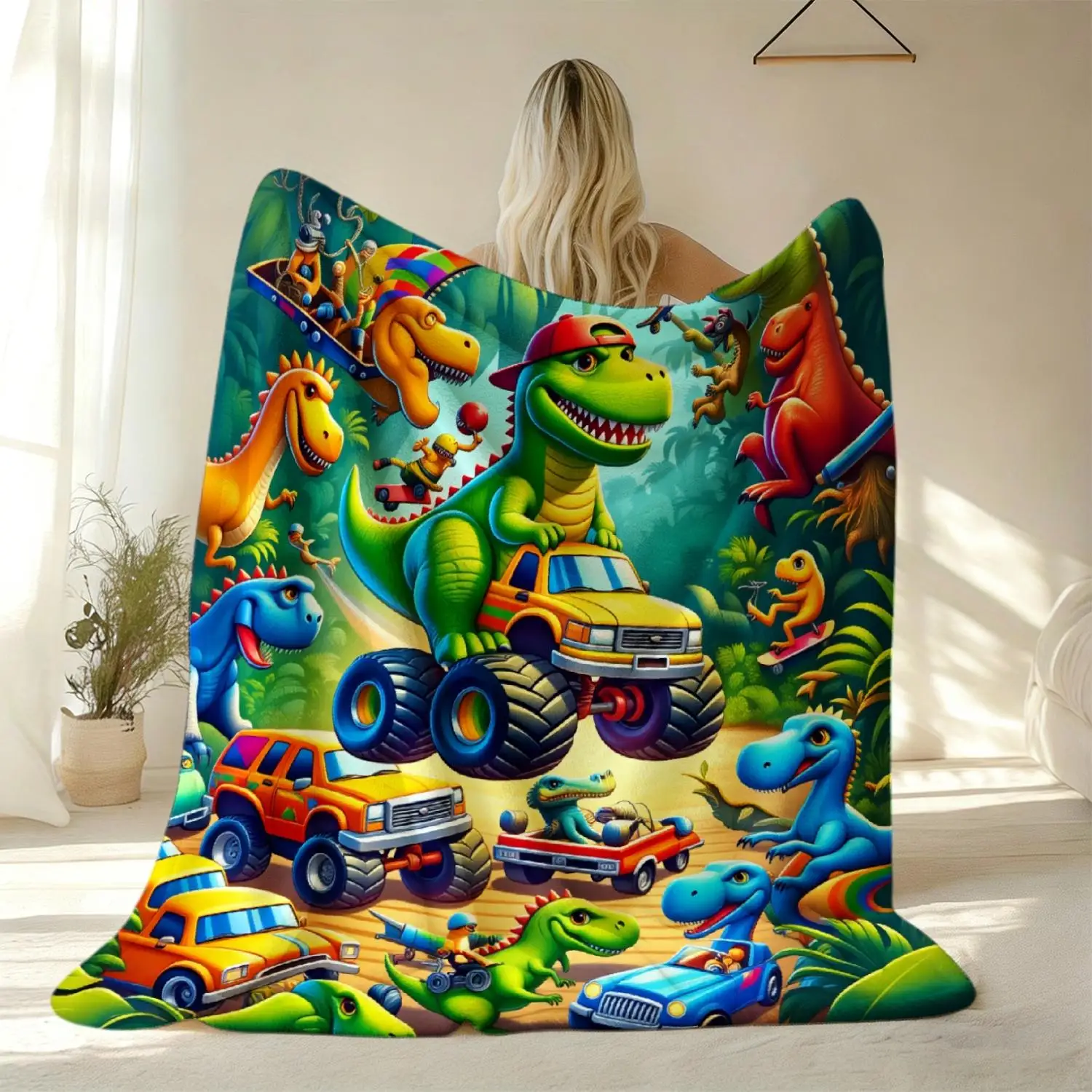 1pc Colorful Dinosaur Driving Monster Truck in Jungle Scene Printed Flannel Blanket | Polyester, Suitable for Sofa, Bed, Office,