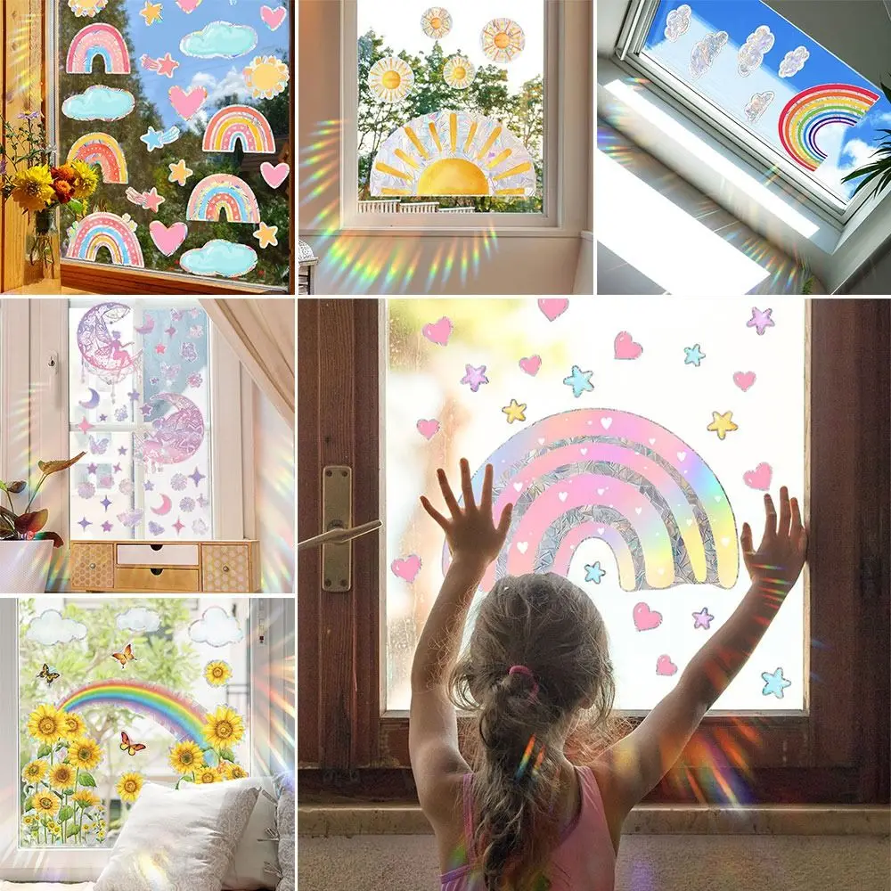 Colorful Sun Catcher Window Stickers Rainbow Sunflower Sunlight Fairies Sun Flower Decals PVC Waterproof Glass Static Sticker