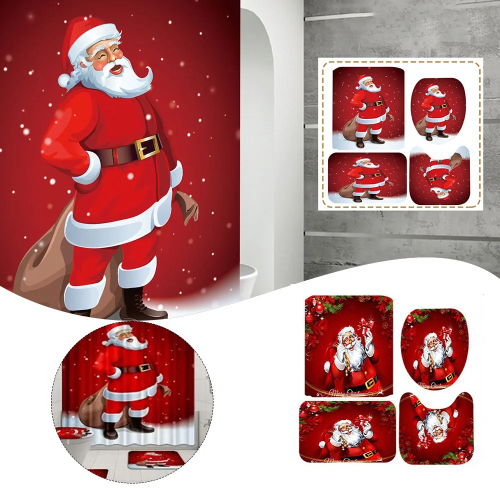 

4pcs Christmas Santa Print Shower Curtain Set Personalized Holiday Decoration For Chirstmas