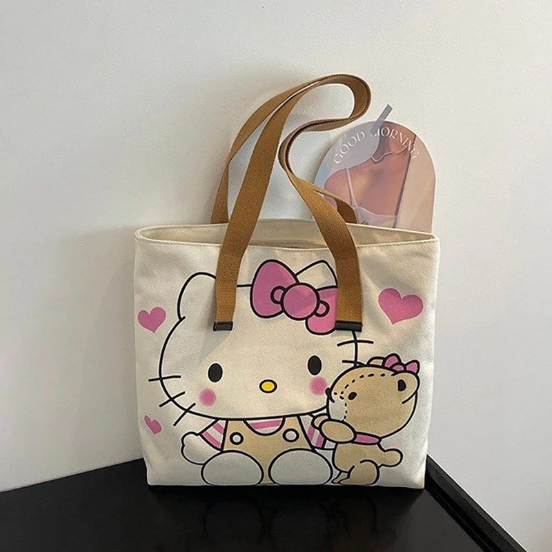 

2024 New Kawaii Sanrio Anime Printed Zipper Canvas Bag Cute Hello Kitty Cartoon Sweet High-Capacity Shopping Bag Gifts for Girls