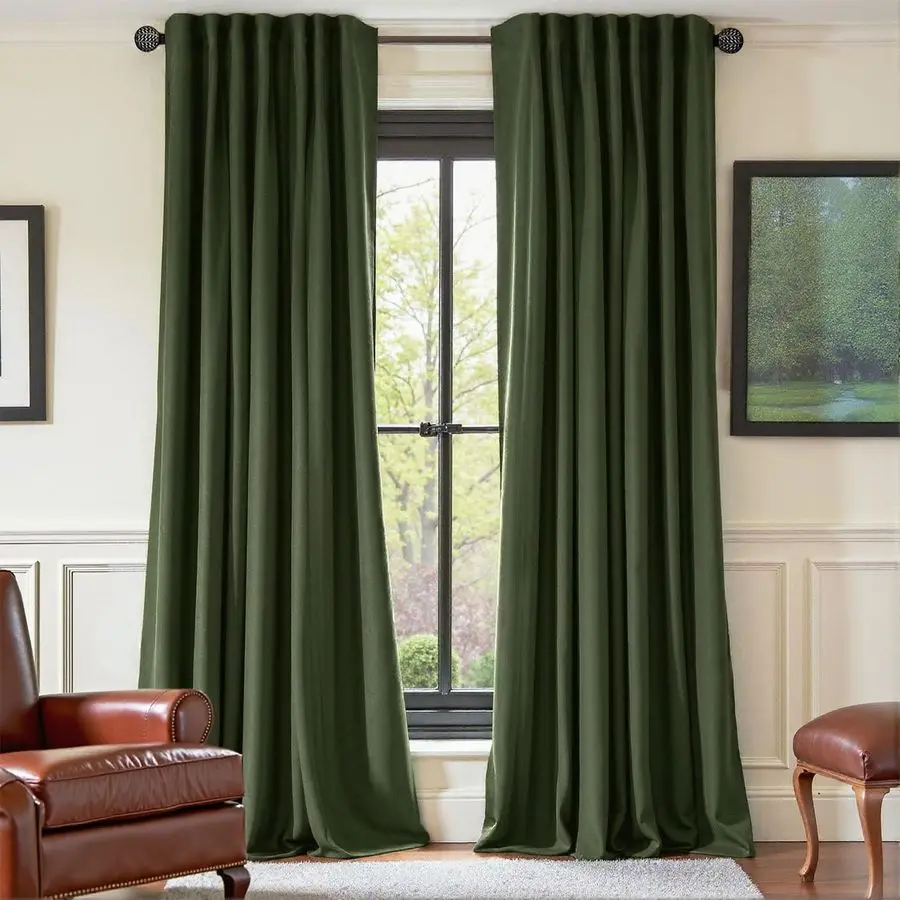 

Olive Green Velvet Curtains Thermal Insulated Blackout Curtain for Bedroom Window Living Room Darkening Luxury Vintage 84 Inches
