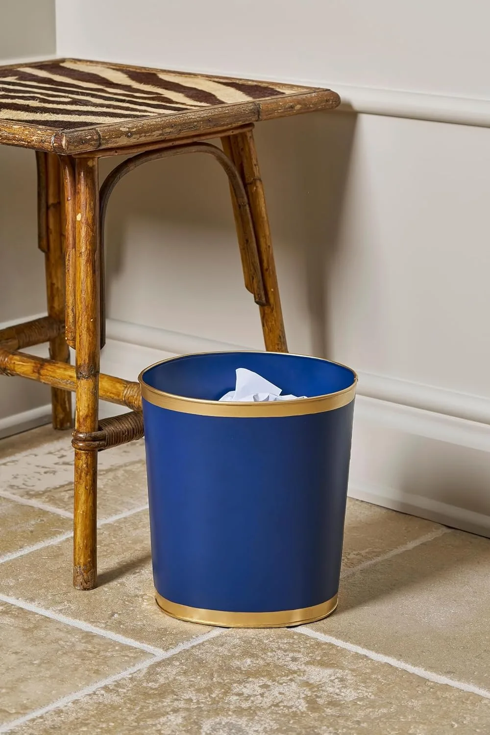Oval Metal Wastebasket, Gold Trim, Hand-Painted Trash Can for Bedroom Office Bathroom, 12x10x8, Navy