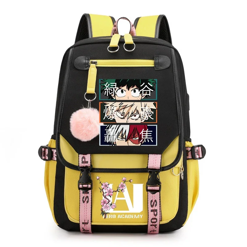 

USB Charging Backpack My Hero Academia Shoto Todoroki Bakugou Deku Anime Backpacks for School Teenager Girls Fluffy Ball Bookbag