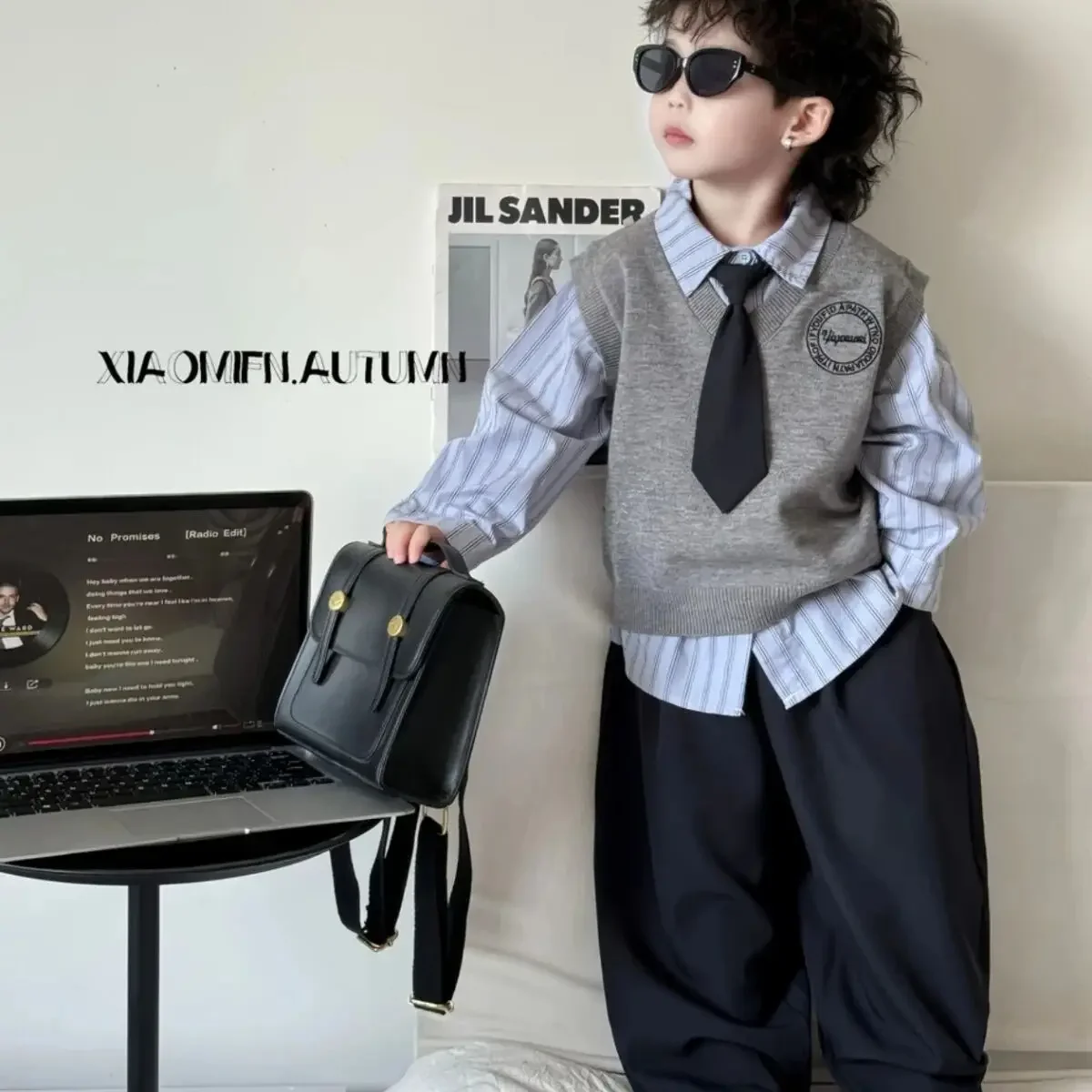 90-150 سنتيمتر الأطفال كلية نمط مجموعة الربيع والخريف 2026 نمط جديد الأولاد الأزرق قميص سترة سراويل تقليدية ثلاث قطع مجموعة #6