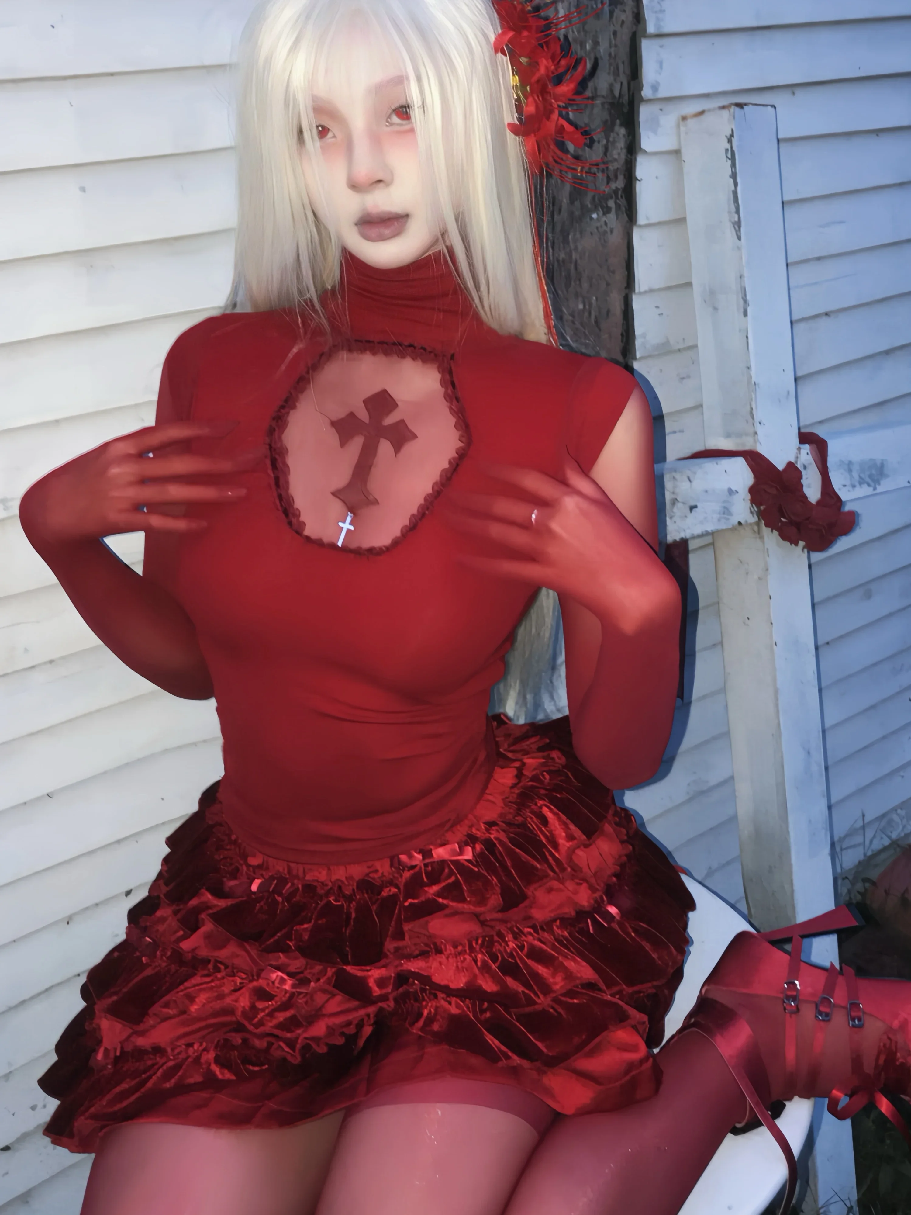 IMU Original Design Gothic Cross Red Wine Tshirt High Stretchy Turtleneck Hollow Out Slight Transparent Inner Basic Shirt Tee To