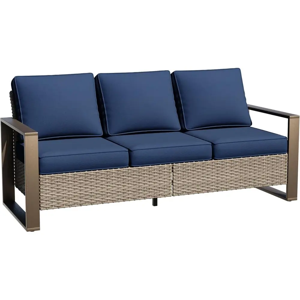 

All-Weather 75 Outdoor Wicker 3-Seat Sofa with Cushions and Metal Armrests, Navy Blue