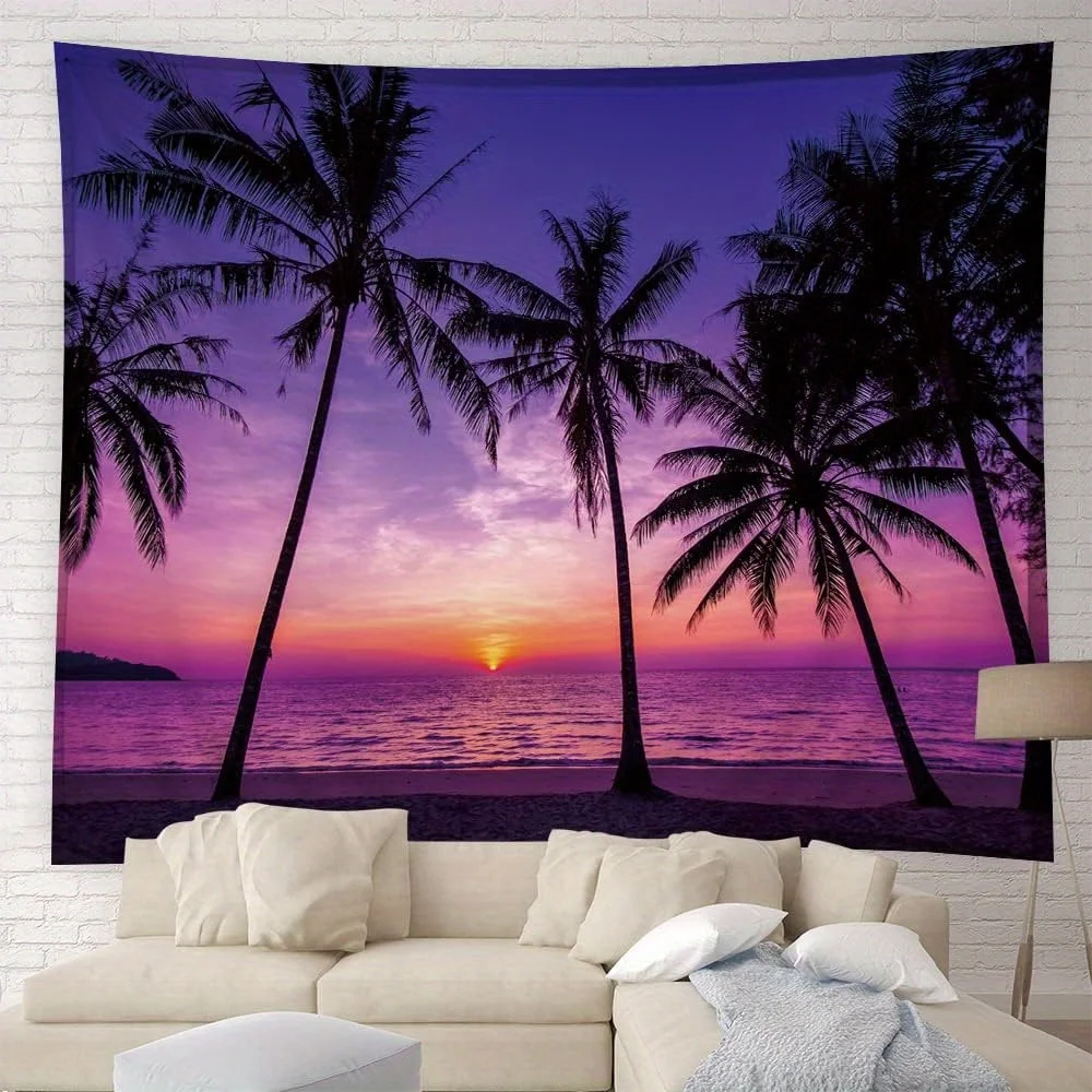 Tropical Sunset Tapestry: Vibrant, Serene, and Stunningly Beautiful Wall Art for an Enchanting Coastal Decor Statement