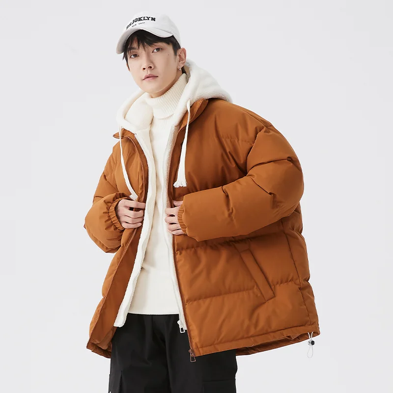 Winter New Men's Fake Two piece Hooded Cotton Coat with Velvet and Thickened Warmth Breadwear Youth High Quality Cotton Coat