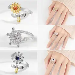 Fashion Anxiety Spinner Rings Femme Rotate Freely Anti Stress Fidget Ring Toy For Girls Women Daisy Flowers Finger Ring Gift