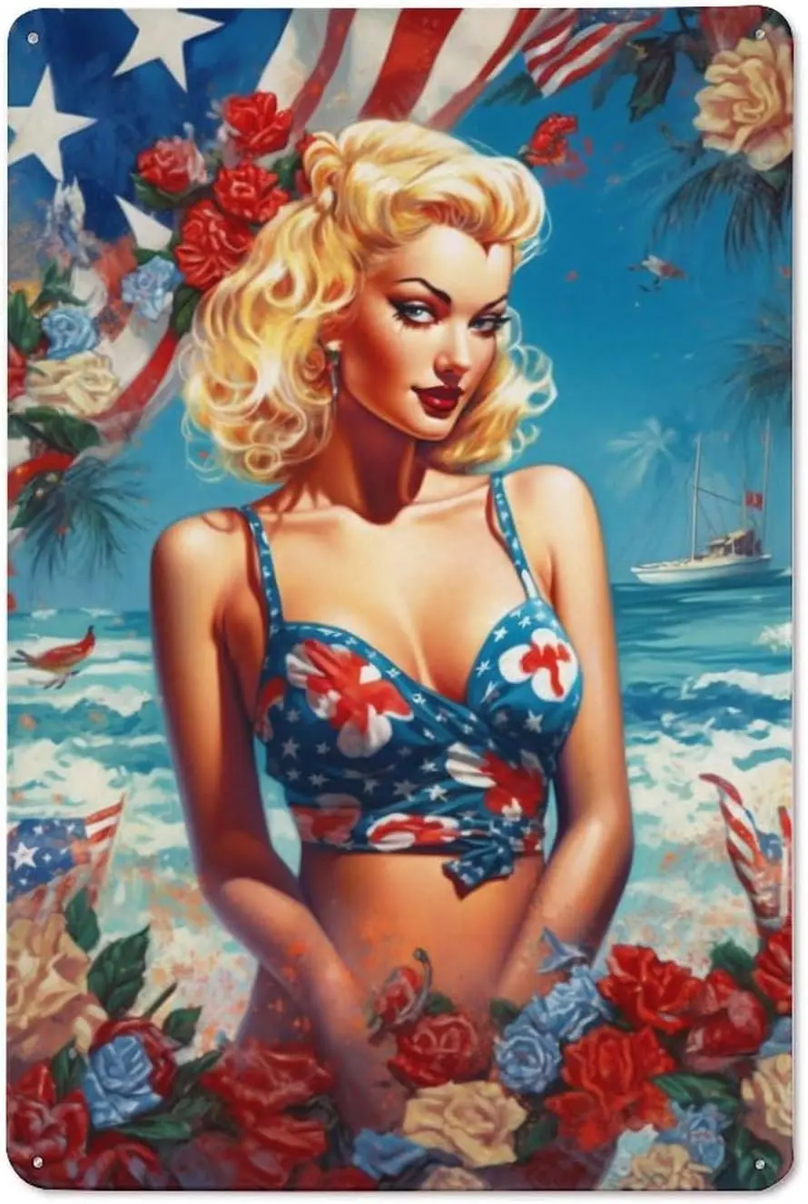Pin Up Girl Tin Signs, 12x8 Inch, American Pinup Girl Poster Kitchen Porch Office Iron Painting for 4th of July Patriotic H sign