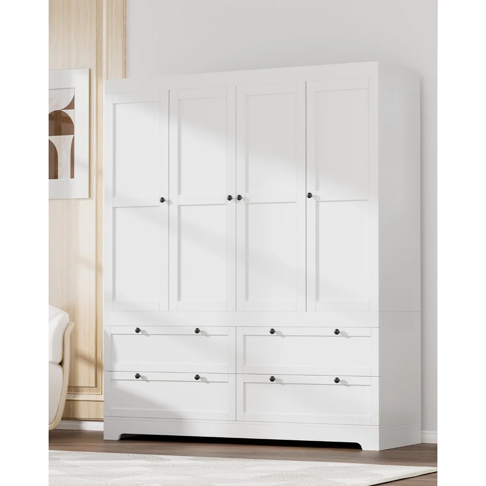 

Large White Wardrobe Closet with Drawers, Modular Closet System with Doors and Hanging Rods