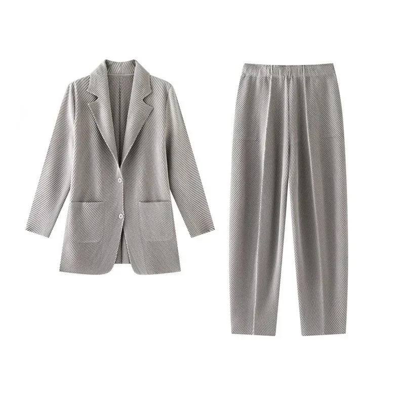 

Women's Two Simple Piece Set Dragon Scale Long Sleeve Notched Pleated Blazer And Elastic Waist Straight Pants 26VMG
