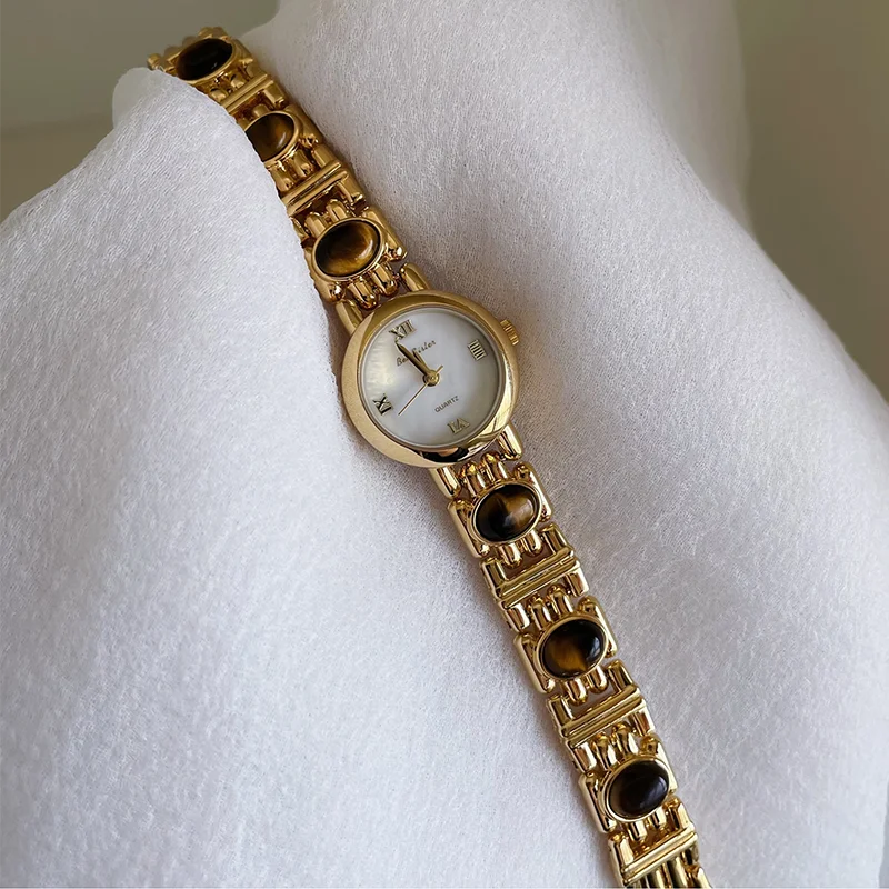 Light Luxury Women's Watches Premium Natural Tiger Eye Stone Bracelet Quartz Wristwatch Roman Numerals Round Dial Ladies' Watch