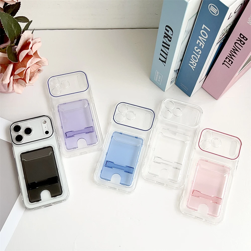 Fashion Transparent Card Holder Slot Bracket Case For iPhone 17 16 15 14 13 Pro Max Plus Wallet Folding Stand Candy Color Cover view 2