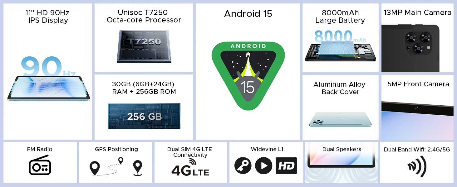 DOOGEE Tab G6 Tablet PC 30GB 256GB Dual Speakers 11'' HD Display Unisoc T7250 Widevine L1 8000mAh Battery Android 16 2 in 1 Smart Pad