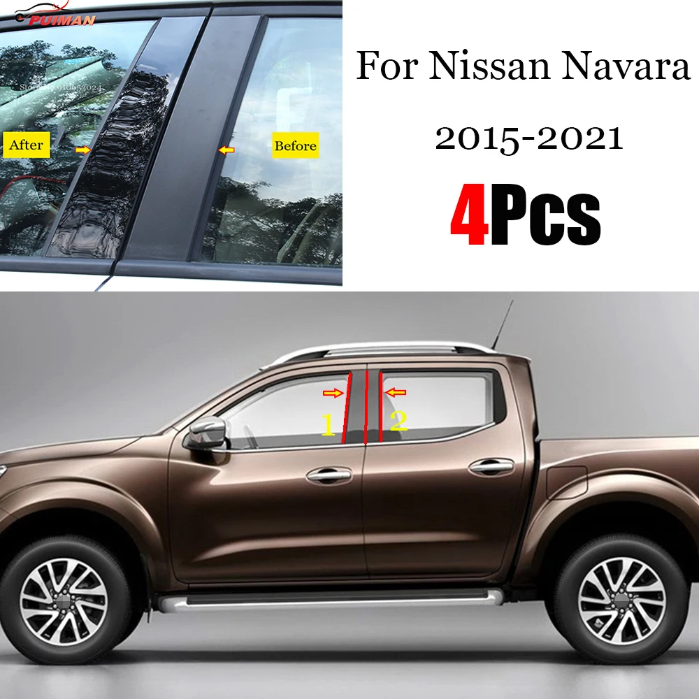 

4PCS Fit For Nissan Navara 2015 - 2021 Car Door Window Middle Column Trim Protection PC Black Strip Decoration Sticker