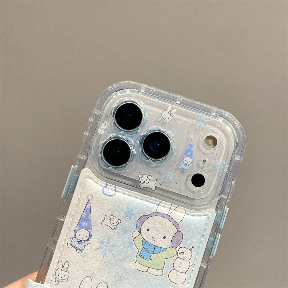 Korean INS Flower Camera Cute Rabbit Leather Phone Case for iPhone 17 14 15 Pro 16 Pro Max Fundas Cartoon Cases Shockproof Cover