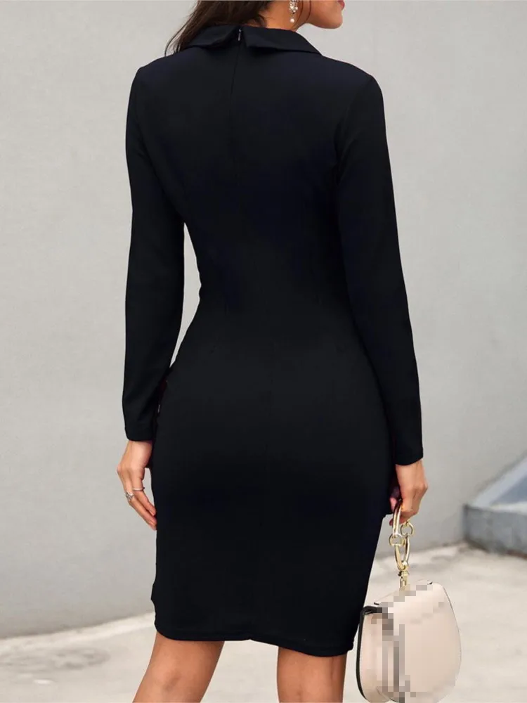 Spring Autumn Office Lady Dress 2024 Fashion Black Notchet Neck Long Sleeve Slim Pencil Dress Women Elegant Bodycon Work Dresses