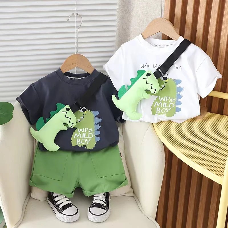 Summer Casual Newborn Baby Boys Toddler Big Dinosaure Short Sleeve Tops Pants 2Pcs/set Cotton Kids Outfits Clothing 2024 New