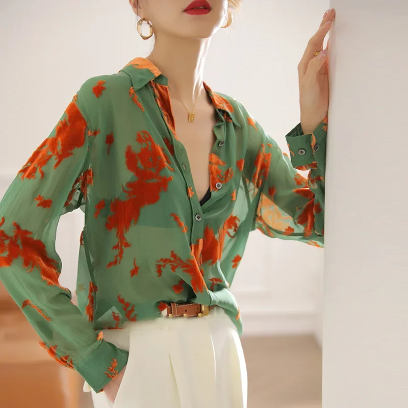 Green Orange Print Semi-transparent Long Sleeve Shirt Women Camisas De Mujer