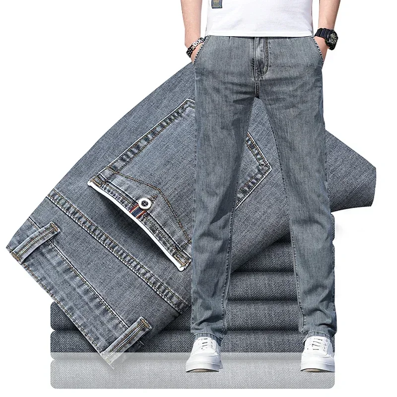 

Pop Thin Summer Jeans Men's New Loose Stretch Gray Fashion Business Trousers Casual Straight Baggy Denim Pants Male