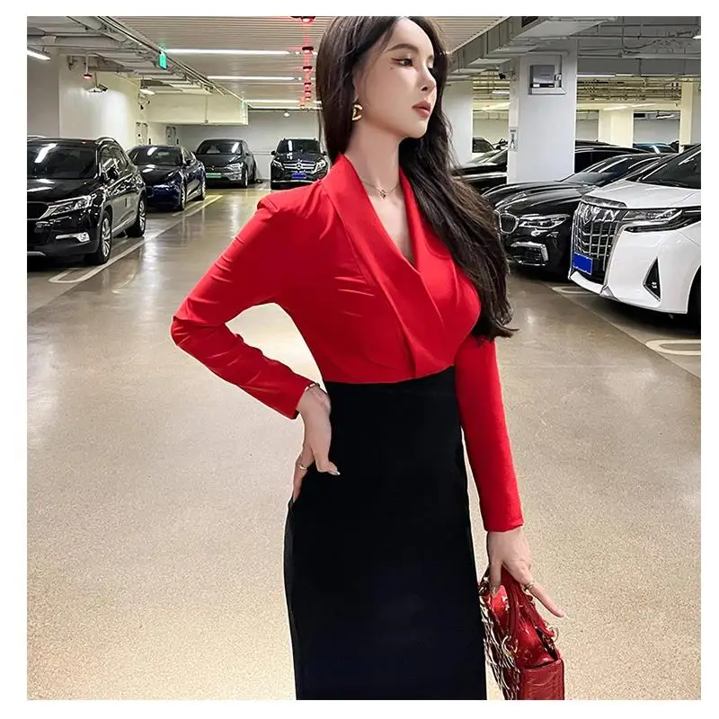 Spring Elegant Midi Dresses for Women Office Lady OL Profession Dress Red Black Panelled Slim Vestido Business Robe Female